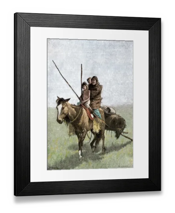 Framed Print : Native American family traveling on a horse and pulling a travois Framed Print : Native American family traveling on a horse and pulling a travois