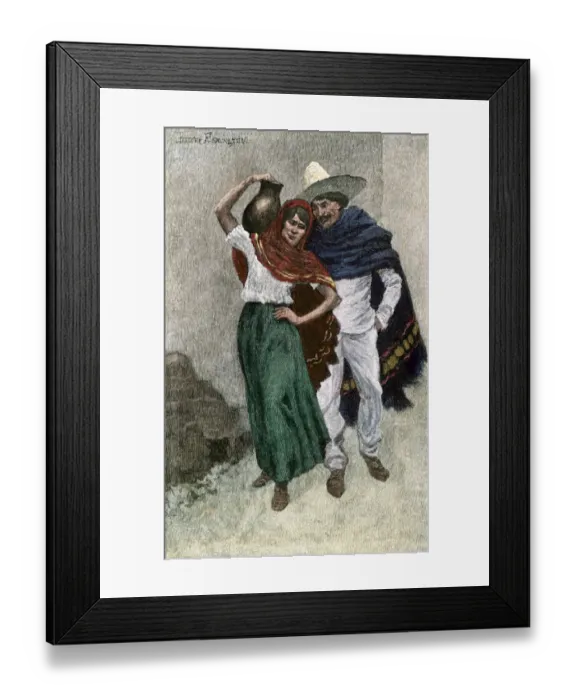 Framed Print : Hispanic couple on a southwestern street, 1800s Framed Print : Hispanic couple on a southwestern street, 1800s