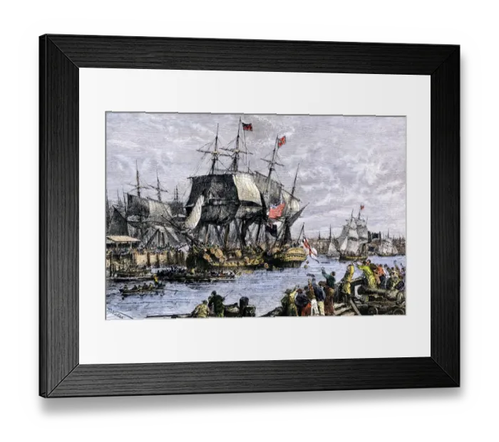 Framed Print : Colonial protestors emptying tea during the Boston tea party