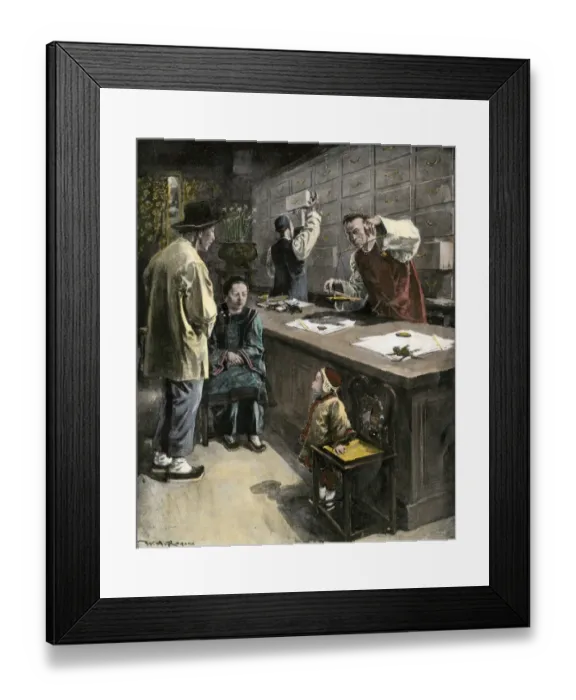 Framed Print : Chinese-American pharmacist weighing medicines in a Chinatown drugstore Framed Print : Chinese-American pharmacist weighing medicines in a Chinatown drugstore