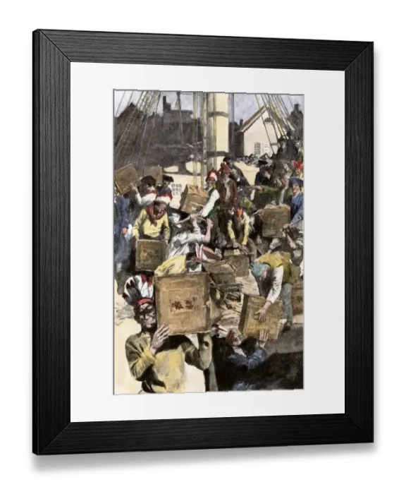 Framed Print : Colonists dressed as Indians dumping tea in Boston harbor Framed Print : Colonists dressed as Indians dumping tea in Boston harbor