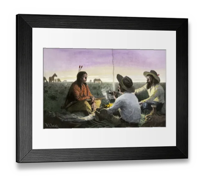 Framed Print : Native American joining cowboys at their campfire Framed Print : Native American joining cowboys at their campfire