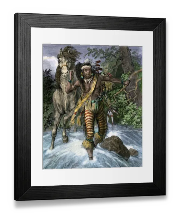Framed Print : Sitting Bull eluding pursuers by leaving no trail in a rushing stream