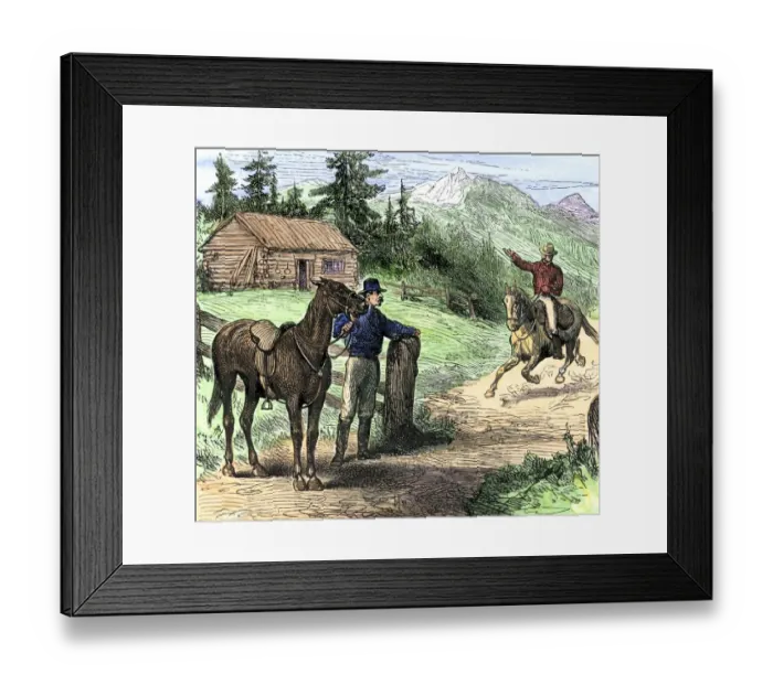 Framed Print : Pony Express rider coming into a station in the Rocky Mountains Framed Print : Pony Express rider coming into a station in the Rocky Mountains