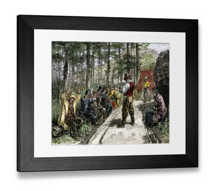 Framed Print : Outlaws holding up a stagecoach Framed Print : Outlaws holding up a stagecoach