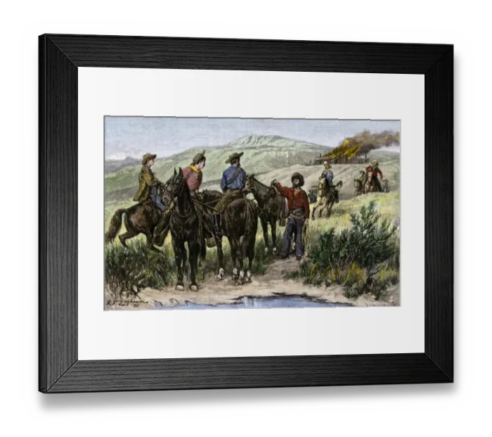 Framed Print : Vigilantes burning a settlers home Framed Print : Vigilantes burning a settlers home