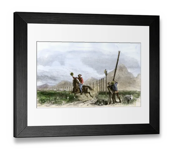 Framed Print : Pony Express rider passing workers raising telegraph poles