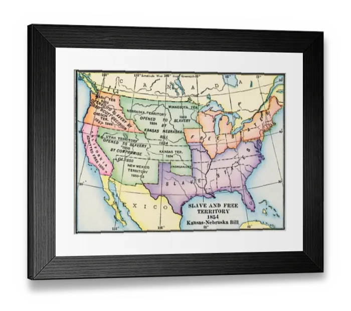 Framed Print : Map of slave and free areas of the United States in 1854 Framed Print : Map of slave and free areas of the United States in 1854