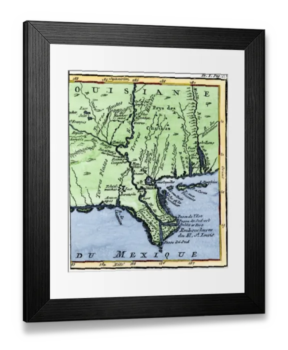 Framed Print : Map of Louisiana, 1744, showing the mouths of the Mississippi River while part of New France Framed Print : Map of Louisiana, 1744, showing the mouths of the Mississippi River while part of New France