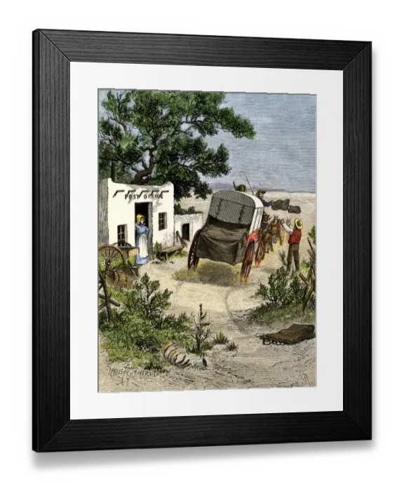 Framed Print : Stagecoach carrying mail to the southwest, 1870s Framed Print : Stagecoach carrying mail to the southwest, 1870s
