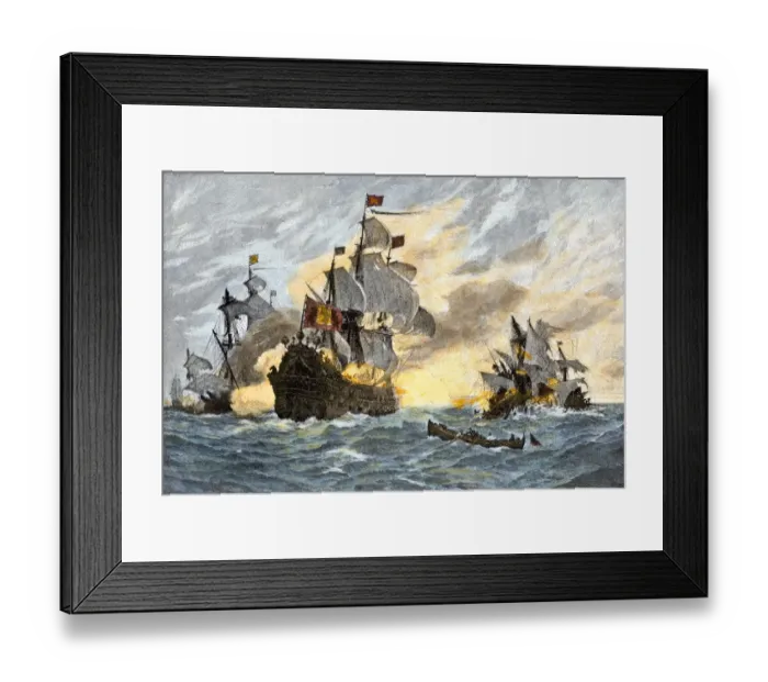 Framed Print : Destruction of John Smiths ship by the Spanish