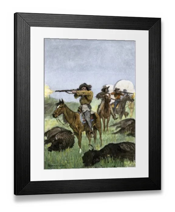 Framed Print : Hunting buffalo to feed a wagon train of pioneers Framed Print : Hunting buffalo to feed a wagon train of pioneers