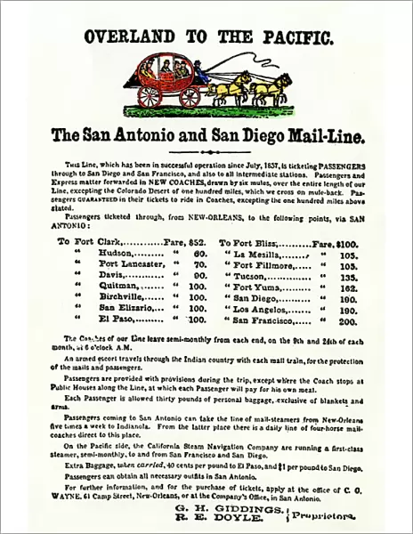 Texas to Pacific Coast stagecoach schedule and price list, 1838