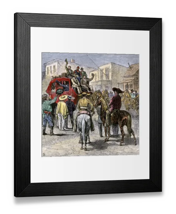 Framed Print : Stagecoach leaving Texas for Yuma, 1870s Framed Print : Stagecoach leaving Texas for Yuma, 1870s