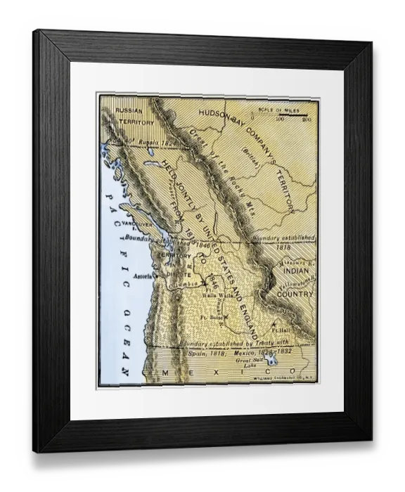 Framed Print : Map of Oregon Territory showing boundary of US with English Canada under