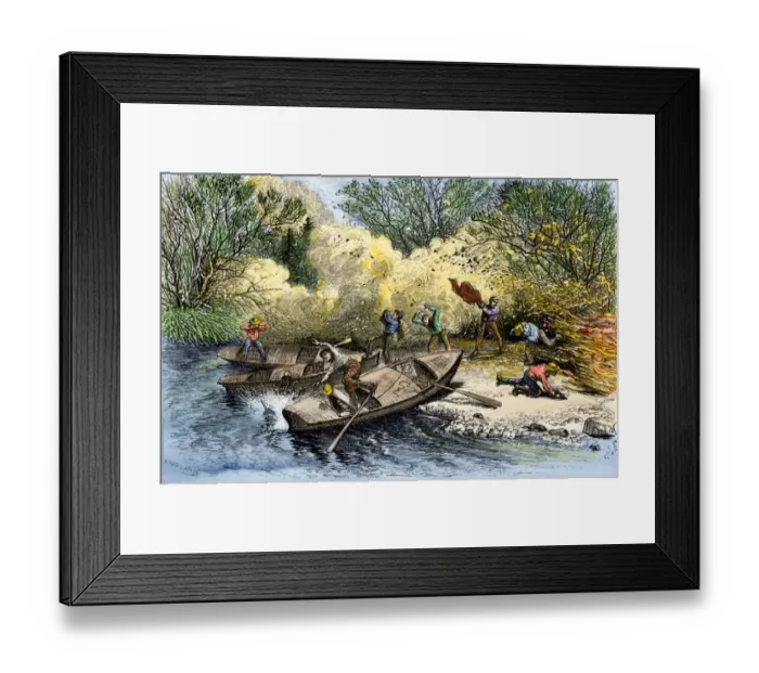 Framed Print : Fire destroying the camp of John Wesley Powell during his exploration of Framed Print : Fire destroying the camp of John Wesley Powell during his exploration of