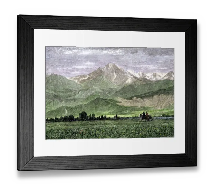 Framed Print : Rocky Mountains with horseback riders in a valley Framed Print : Rocky Mountains with horseback riders in a valley