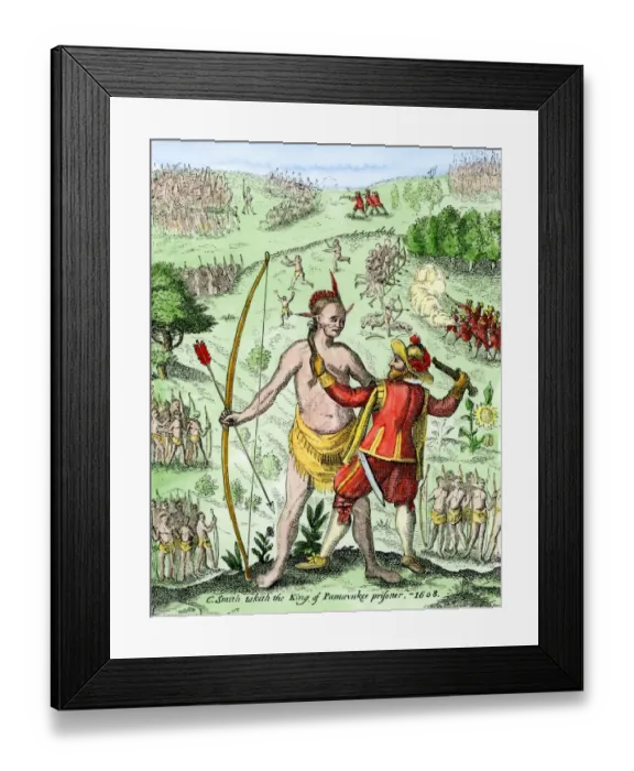 Framed Print : John Smith capturing a Native American in Virginia, 1608 Framed Print : John Smith capturing a Native American in Virginia, 1608