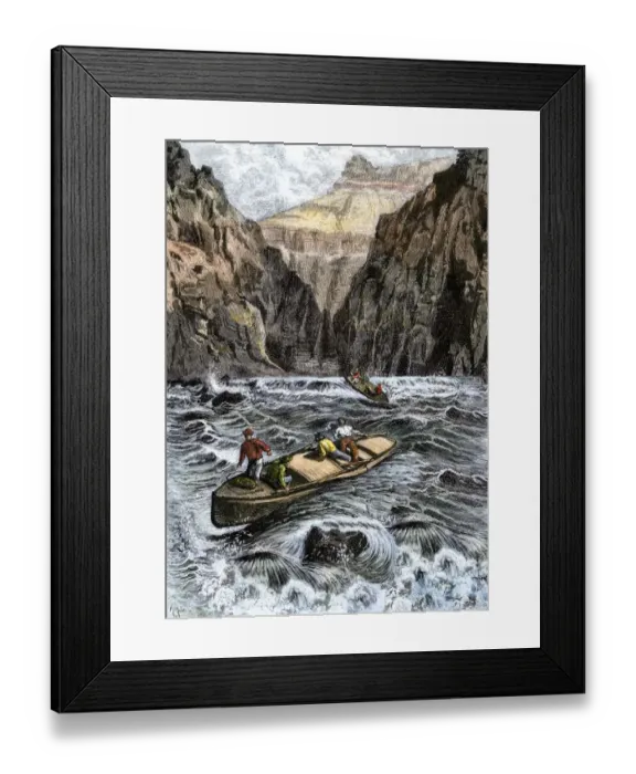Framed Print : John Wesley Powells Grand Canyon expedition running rapids on the Colorado Framed Print : John Wesley Powells Grand Canyon expedition running rapids on the Colorado