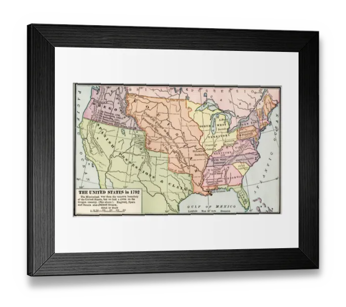 Framed Print : Map of the US in 1792, showing colonial claims on Oregon Territory Framed Print : Map of the US in 1792, showing colonial claims on Oregon Territory
