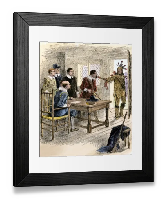 Framed Print : Declaration of war by a Pequot Indian delivering an arrow to Massachusetts Bay Framed Print : Declaration of war by a Pequot Indian delivering an arrow to Massachusetts Bay