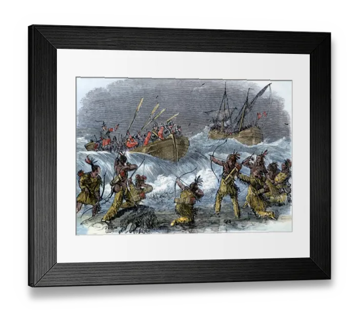 Framed Print : Native Americans on Block Island attacked by Massachusetts Bay Colony Governor