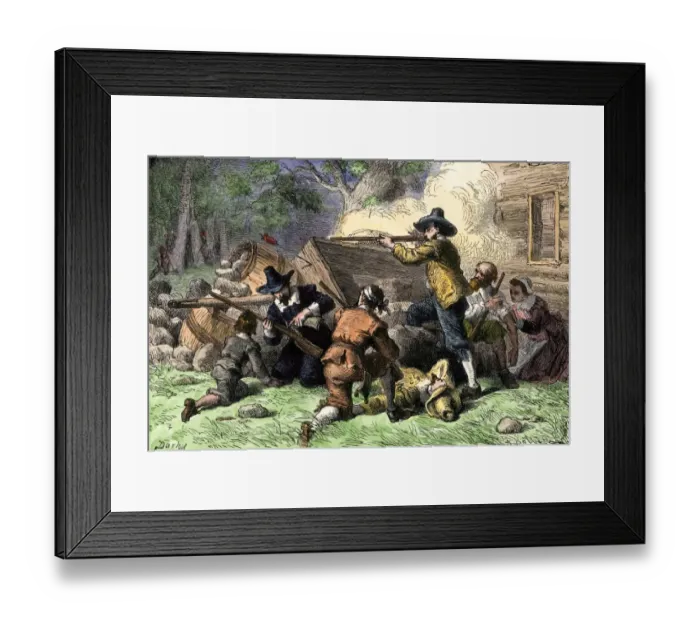 Framed Print : Colonial Virginians defending themselves from attack by Native Americans Framed Print : Colonial Virginians defending themselves from attack by Native Americans