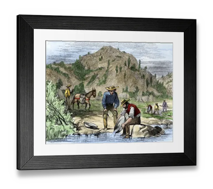 Framed Print : Gold Rush prospectors washing sediments from a stream to find nuggets in