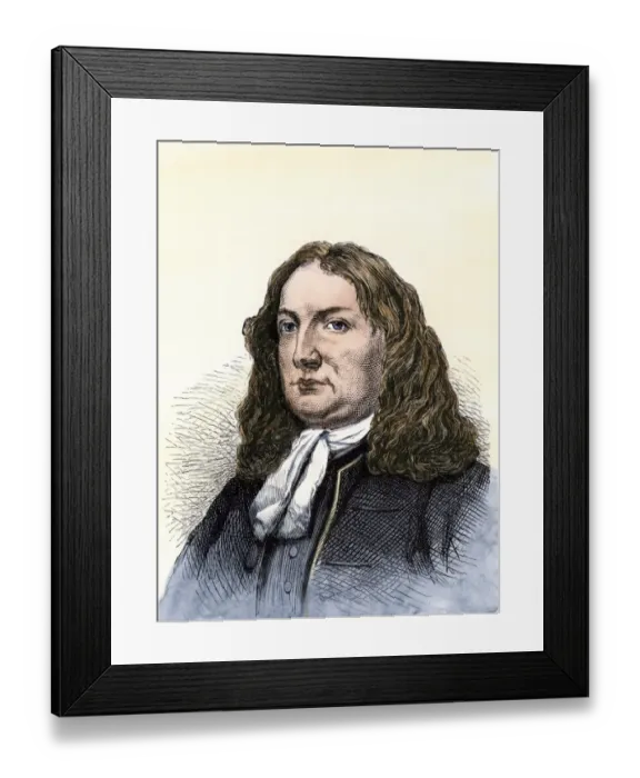 Framed Print : William Penn. Hand-colored 19th-century woodcut reproduction of a 17th-century portrait