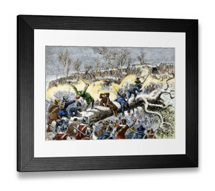 Framed Print : Colonists attack on the Narragansett fort during King Philips War Framed Print : Colonists attack on the Narragansett fort during King Philips War