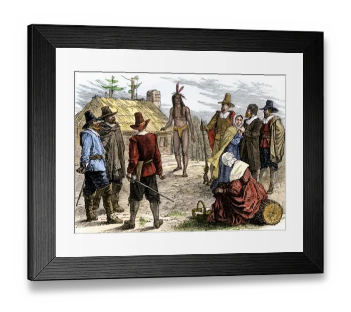 Framed Print : Samoset visiting Pilgrim colonists at Plymouth Framed Print : Samoset visiting Pilgrim colonists at Plymouth