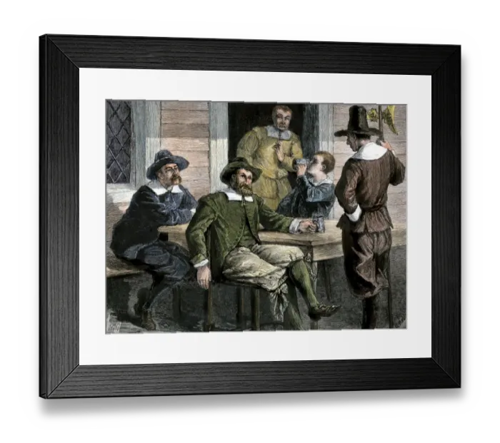 Framed Print : Puritans drinking from pewter mugs in colonial Massachusetts