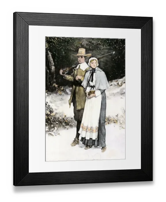 Framed Print : Pilgrim couple on the way to church