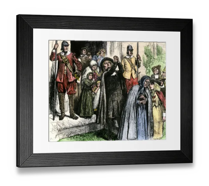 Framed Print : New England colonists leaving church