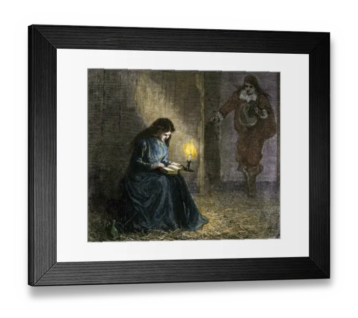 Framed Print : Young woman reading the Bible in a Puritan jail Framed Print : Young woman reading the Bible in a Puritan jail
