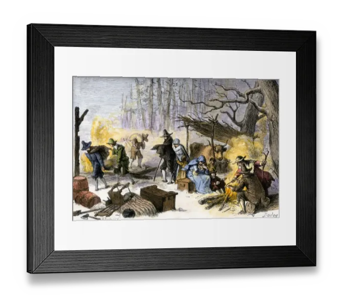Framed Print : English Puritan settlers arriving on the winter shores of Cape Cod Framed Print : English Puritan settlers arriving on the winter shores of Cape Cod