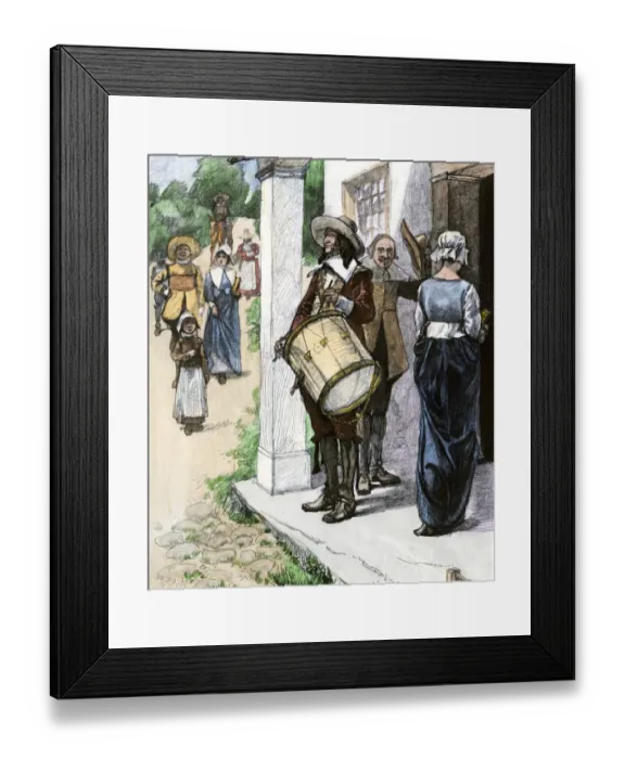 Framed Print : Drummer calling early New England colonists to church service Framed Print : Drummer calling early New England colonists to church service