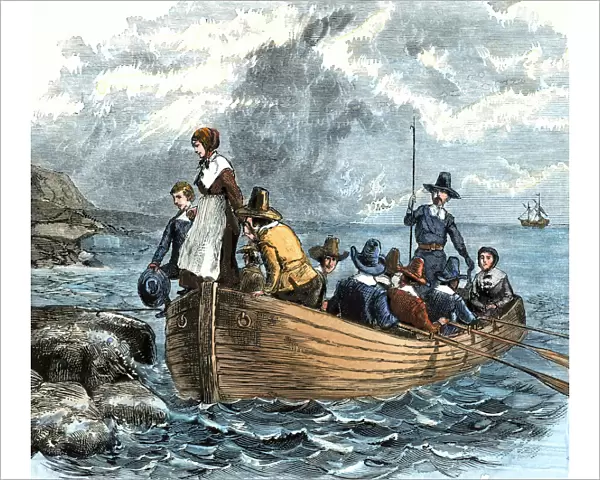 Mayflower passengers landing at Plymouth Rock, 1620