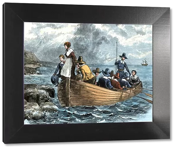 Mayflower passengers landing at Plymouth Rock, 1620