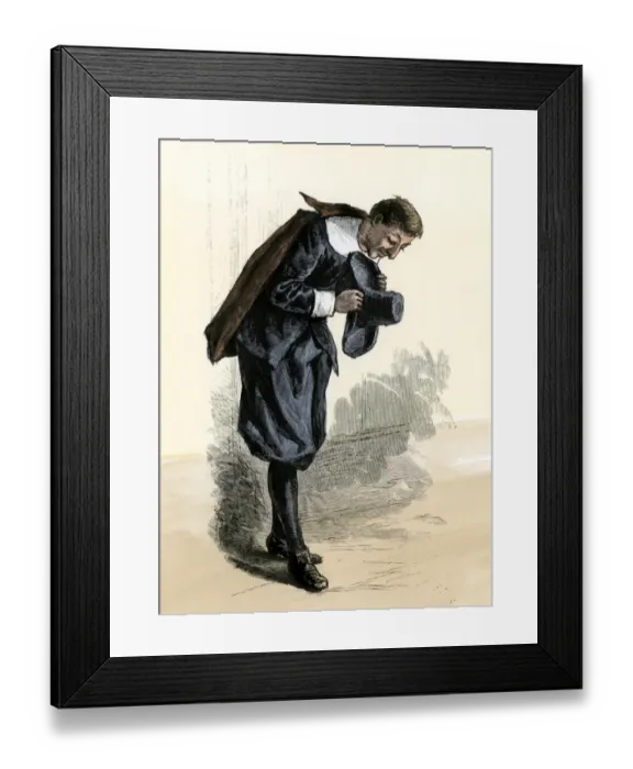 Framed Print : New England Puritan man bowing his head