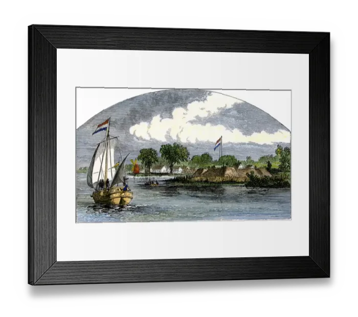 Framed Print : Dutch ship threatening English colonists in Connecticut Framed Print : Dutch ship threatening English colonists in Connecticut