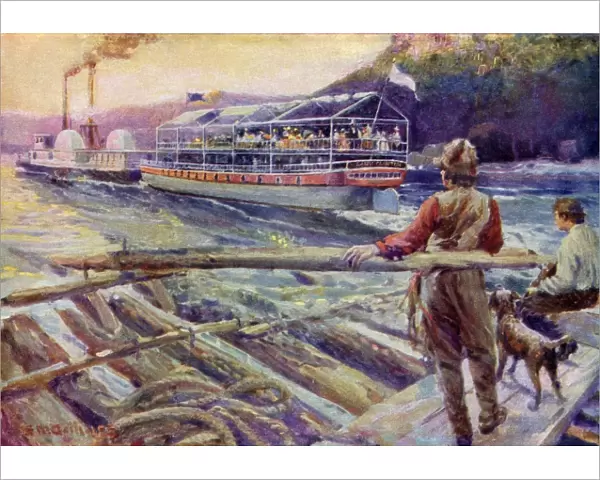 Steamboat passing a raft on a river