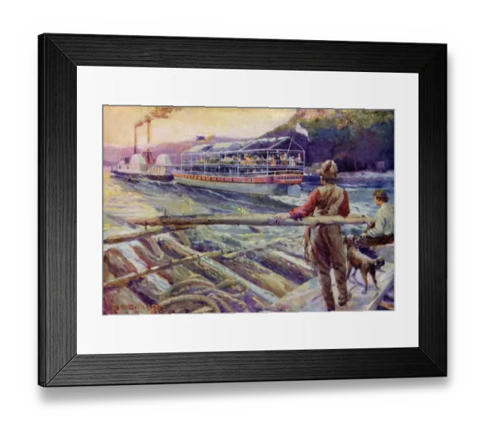 Framed Print : Steamboat passing a raft on a river Framed Print : Steamboat passing a raft on a river