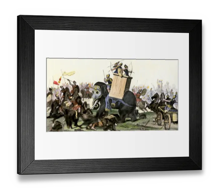 Framed Print : Elephants and chariots in a battle, Roman Empire