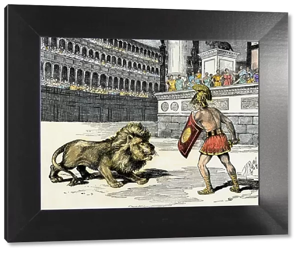 Lion and a prisoner facing off in ancient Rome