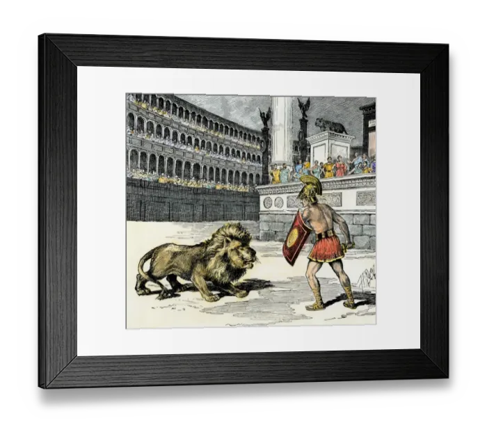 Framed Print : Lion and a prisoner facing off in ancient Rome Framed Print : Lion and a prisoner facing off in ancient Rome