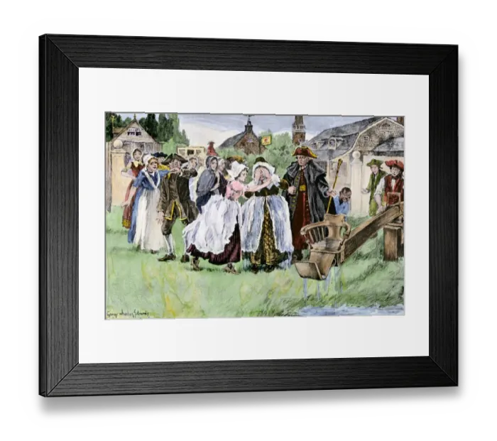 Framed Print : Ducking stool punishment for a Jamestown woman