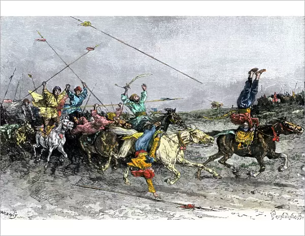 Mongol soldiers demonstrating their horsemanship