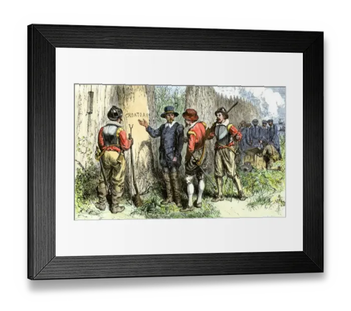 Framed Print : Governor White finds Roanoke Colony abandoned, 1591 Framed Print : Governor White finds Roanoke Colony abandoned, 1591