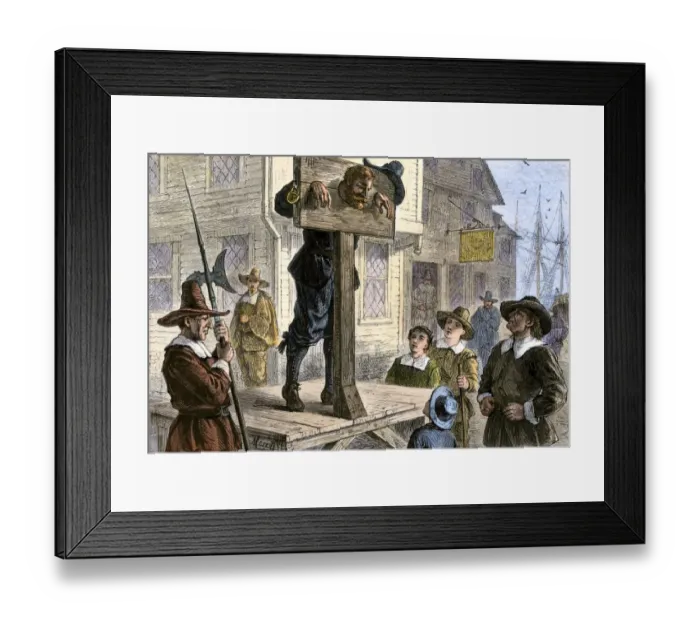 Framed Print : Puritan prisoner in the pillory in New England Framed Print : Puritan prisoner in the pillory in New England